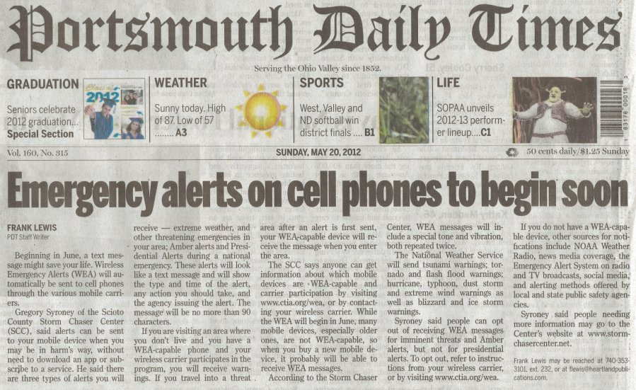 Portsmouth Daily Times - Emergency Alerts On Cell Phones To Begin Soon