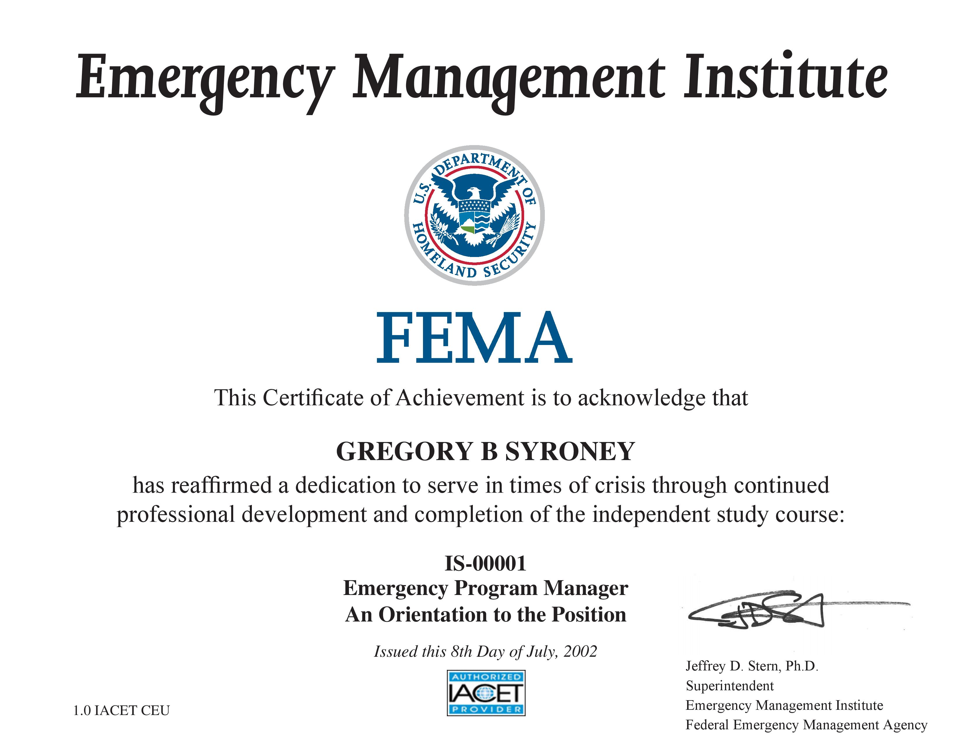 IS-00001 - Emergency Program Manager An Orientation to the Position