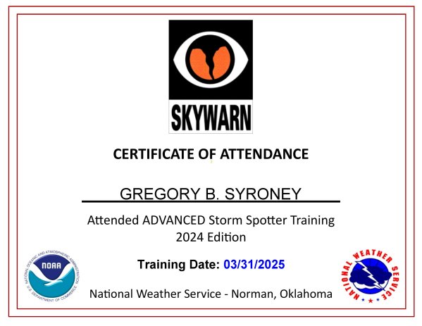 SkyWARN - Advanced Spotter Training Card - January 6, 2026